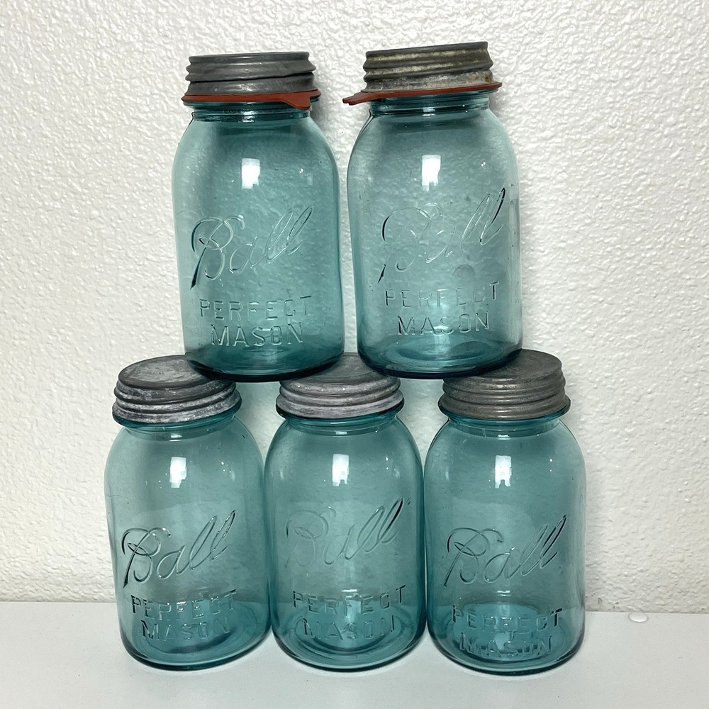 Antique Ball Perfect Mason Aqua Blue Jars w/ Zinc Lids 1910–1920s LOT of 5